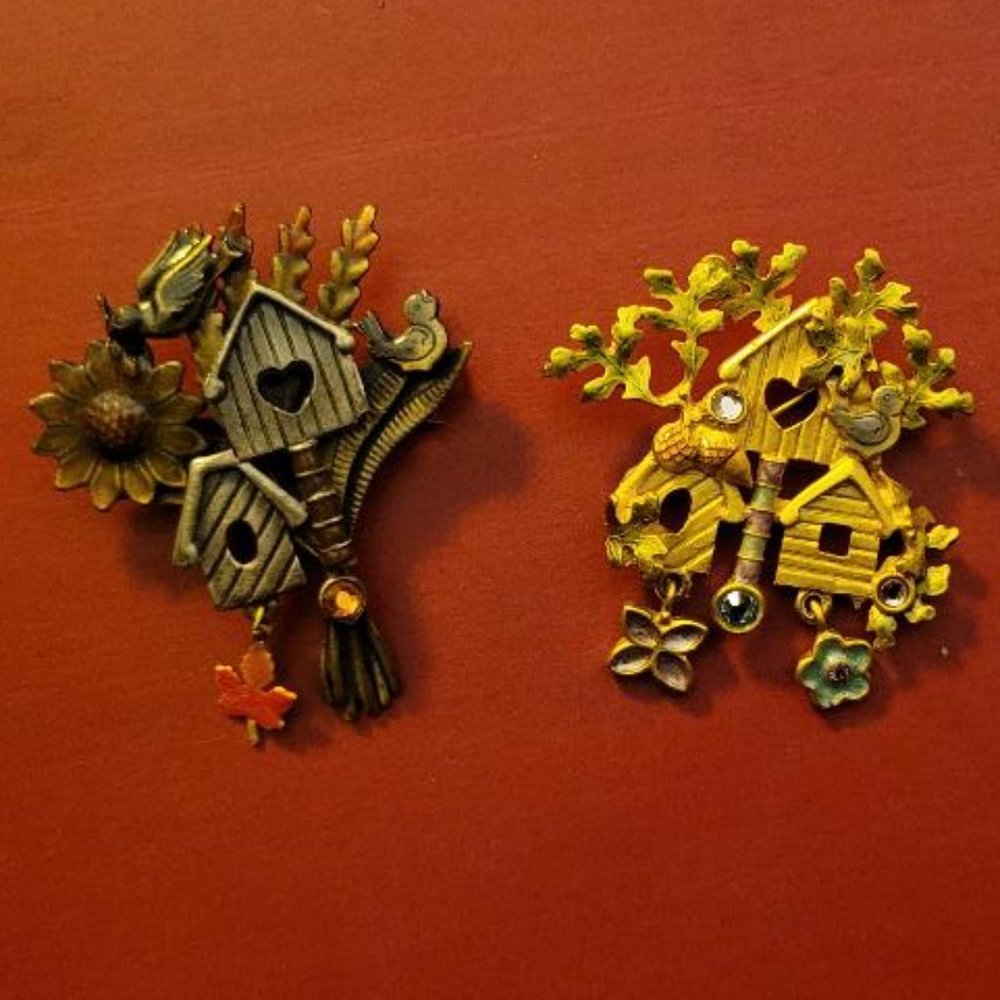 Set of 2 KC Enamel Crystal Birdhouse Pins/Brooches - Fall & Spring - GREAT GIFT!